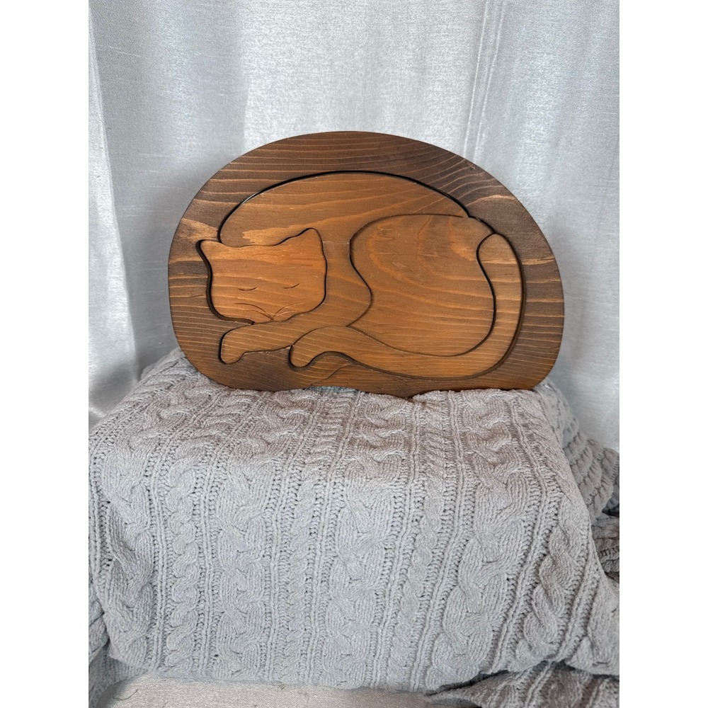 Wooden Cat Puzzle Art Decor‎ Sleeping Feline Handcrafted Wood Sculpture